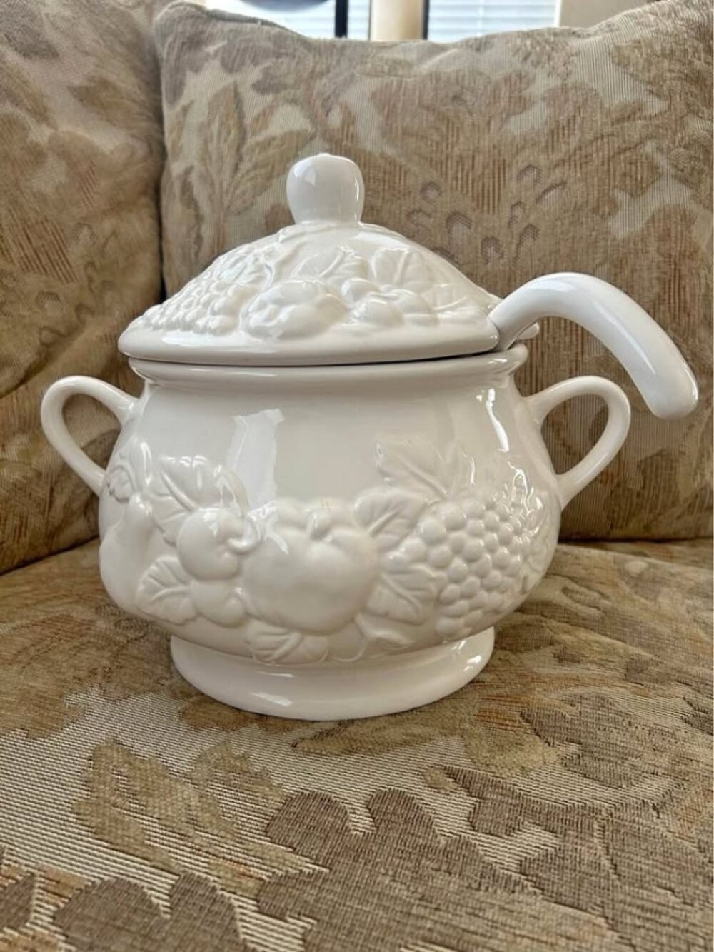 White Ceramic Fruit Motif Soup Tureen with Lid and Ladle